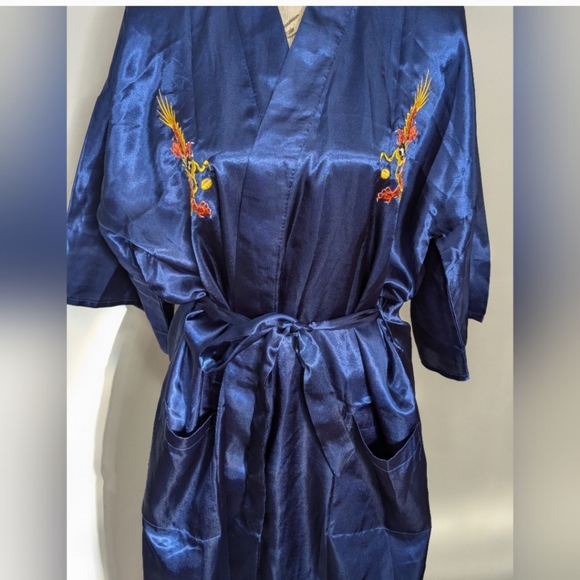 Golden Dragon Bathrobe Kimono Size Large Blue Silky Vintage - Picture 4 of 12